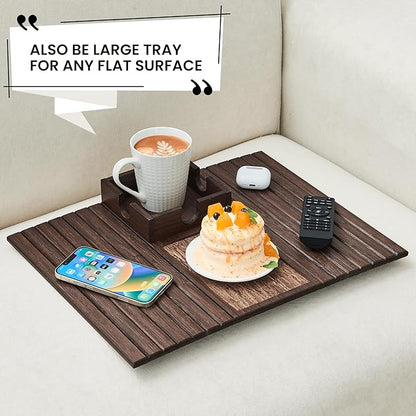 Bamboo Sofa Arm Tray Table, Foldable Couch Cup Holder, Anti-Slip Wide Couch Arm Tray Aremrest Table for Drink, Cup, Remote, Snacks, Cellphone, Portable, Brown