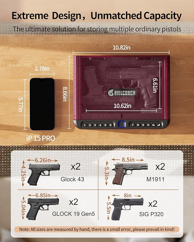 BILLCONCH Gun Safe for Handgun - Biometric Pistol Safe 4 Ways Quick Access with Fingerprint/Full-digital Keypad/Key/APP Lock and Security Cable for Nightstand Bedside Home - Burgundy Red