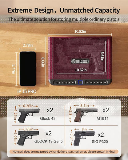 BILLCONCH Gun Safe for Handgun - Biometric Pistol Safe 4 Ways Quick Access with Fingerprint/Full-digital Keypad/Key/APP Lock and Security Cable for Nightstand Bedside Home - Burgundy Red
