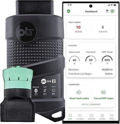 OTR Diagnostics HD Scan Tool (Updated 2025 Adapter): Forced Regen, Read & Reset Fault/P-Codes, Live Data, Bi-Directional Commands, Fault History. iOS/Android, 1-Year Subscription, Premium Support.