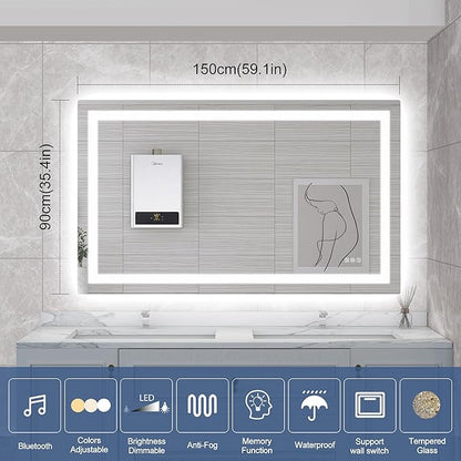 STARLEAD Led-Bathroom-Mirror-with-Lights, 59"x35" Wall-Mounted with 3 Colors Dimmable Light, Bluetooth Speaker, Anti-Fog, Memory, Tempered Glass, Front & Backlit (Horizontal/Vertical)