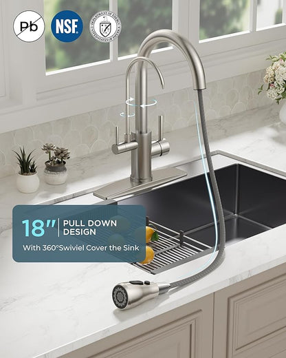 FORIOUS Kitchen Faucets with Water Filter, 2 in 1 Stainless Steel Pull Down Sink Faucet and Purfied Water Faucet High Arc Single Handle with Detachable Deck for 1 or 3 Hole, Brushed Nickel