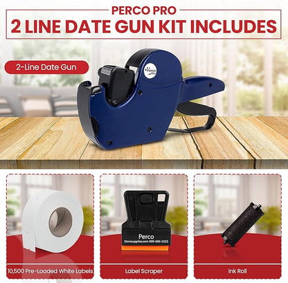 Perco Pro 2 Line Date Gun Labeler Kit, Includes 16 Digits Label Gun, 10,500 White Labels, Inker Remover Tool, and Pre-Loaded Ink Roll