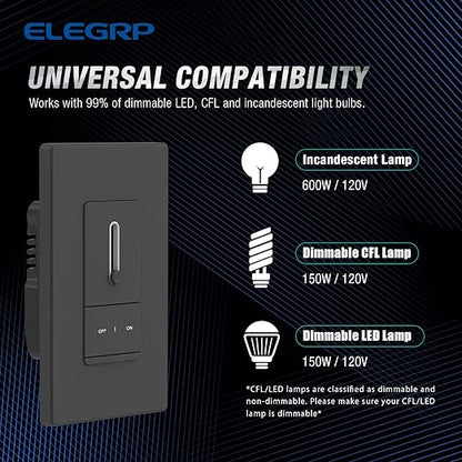 ELEGRP Slide Dimmer Switch for Dimmable LED, CFL and Incandescent Light Lamp Bulbs, Single Pole or 3-Way, Full Control with Preset, Rocker Paddle, Wall Plate Included, UL Listed (2 Pack, Matte Black)