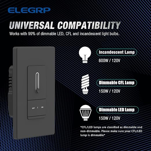 ELEGRP Slide Dimmer Switch for Dimmable LED, CFL and Incandescent Light Lamp Bulbs, Single Pole or 3-Way, Full Control with Preset, Rocker Paddle, Wall Plate Included, UL Listed (6 Pack, Matte Black)