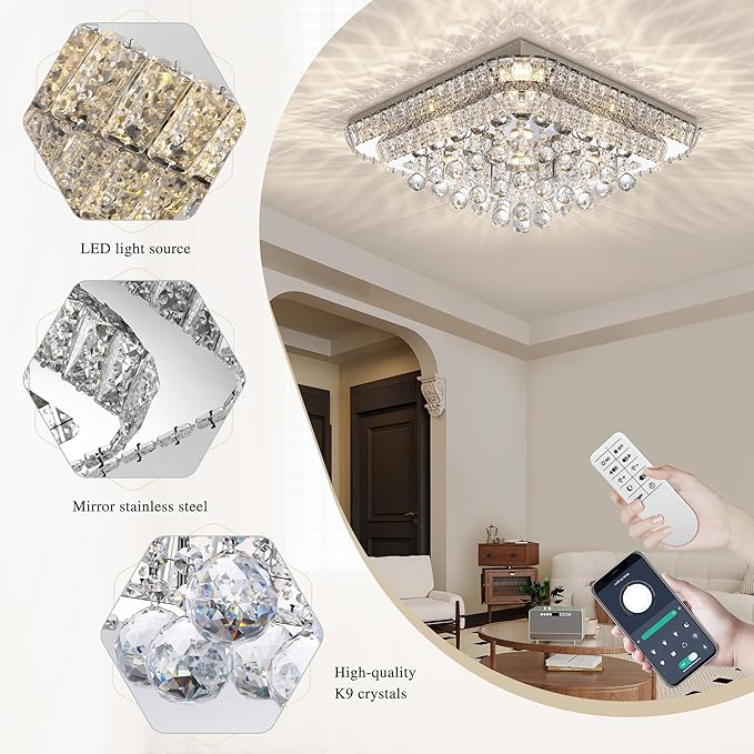 COCOSTAR 24 inch Crystal Flush Mount Chandelier Remote/APP, Modern Raindrop LED Ceiling Light, 3CCT Dimmable & Brightness Adjustable,Elegant Chandeliers for Bedroom Hallway Dinning Room Living Room