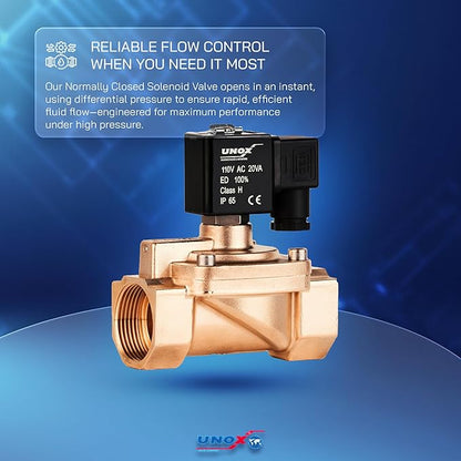 UNOX 1 1/4" NPT Solenoid Valve 110V AC, Brass Control Valve Normally Closed - 7-232 PSI Multi-Purpose Reliable Control Valve for Water, Air, and Gas - Solenoid Valves