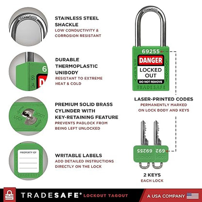 TRADESAFE Lockout Tagout Locks Set - 10 Green Lockout Locks Keyed Different, 2 Keys Per Loto Lock, OSHA Compliant Lock Out Tag Out Padlocks for Electrical Lockout Tag Out Kits