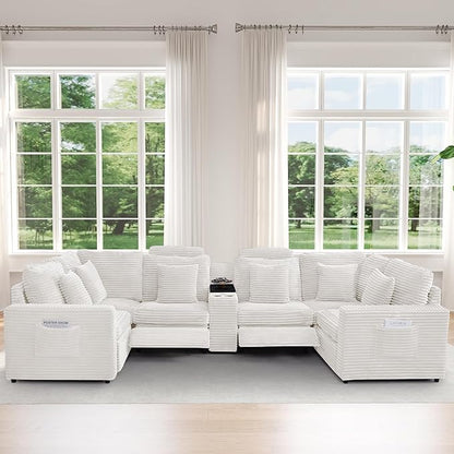 LEVNARY 6-Seat U Shaped Modular Sectional Sofa with Power Recliners, Faux Rabbit Fur Upholstery, Storage Console with Charging Ports & Cup Holders, Living Room Couch Set for Home Office (White)