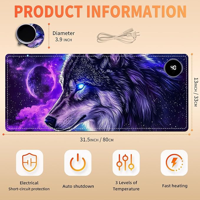 Heated Mouse Pad, Warm Desk Pad, Keyboard Mat 31.5 x 13 Inch Large Size Intelligent Fast Heating, 3 Speed Adjustable, Timed Auto Power Off for Game Office Home,Galaxy Wolf