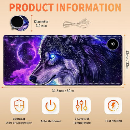 Heated Mouse Pad, Warm Desk Pad, Keyboard Mat 31.5 x 13 Inch Large Size Intelligent Fast Heating, 3 Speed Adjustable, Timed Auto Power Off for Game Office Home,Galaxy Wolf