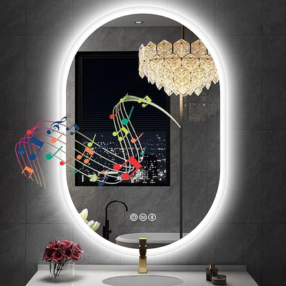 S'bagno 24x40 Oval LED Bathroom Mirror with Lights, Anti-Fog, Bluetooth Speaker, 3 Colors Temperature & Dimmable, Lighted Mirrors for Bathroom Wall with Memory Function, Waterproof, Shatter-Proof