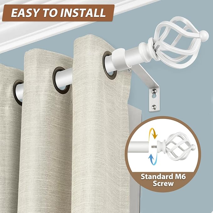 KAMANINA Curtain Rods for Windows 66 to 120 Inch, 3/4 Inch White Curtain Rod 32 to 115 Inches (2.6-9.6ft) Splicing Adjustable Single Drapery Rod with Twisted Cage Finial