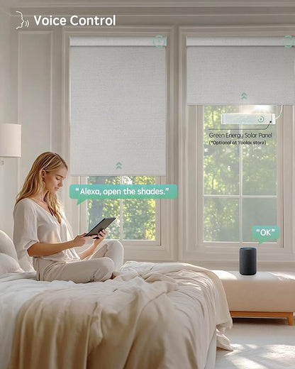 Yoolax Motorized Blinds with Remote, Blackout Smart Blinds Motorized Fabric Roller Shades Work with Alexa, Automatic Shades for Windows Custom Size (Greyish White)