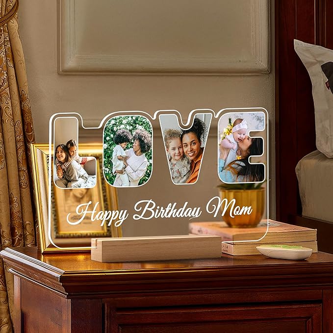 Custom Collage Picture Frames with Photo, Customized LOVE Photo Frame with Night Light, Personalized Picture Frame, Personalized Birthday Valentines Day Gifts for Women Men Mom Dad Baby Kids Family