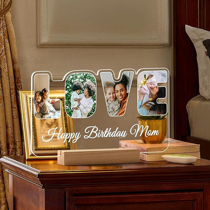 Custom Collage Picture Frames with Photo, Customized LOVE Photo Frame with Night Light, Personalized Picture Frame, Personalized Birthday Valentines Day Gifts for Women Men Mom Dad Baby Kids Family
