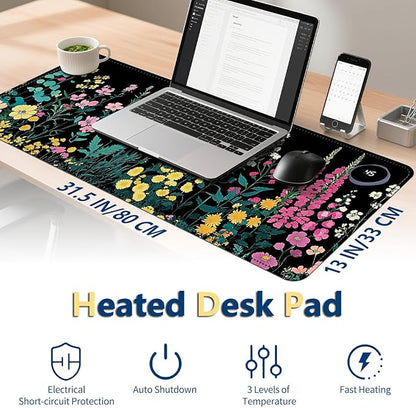 Heated Mouse Pad with 3 Temperature Settings(104°F–122°F),Large 31.5x13 Inch PU Leather Heated Desk Mat,Waterproof Warming Pad for Office,Gaming & Cold Hands Relief,Garden Flowers