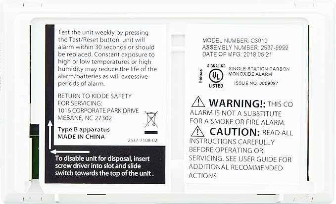 Kidde Carbon Monoxide Detector with 10-Year Battery, 3 LEDs, Replacement Indicator, Test-Reset Button