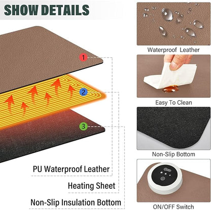 Brown Heated Desk Pad Mouse Pad 31.5x13 Inch PU Leather Desk Mat with 3 Heat Levels Large Mouse Gaming Computer Laptop Mat