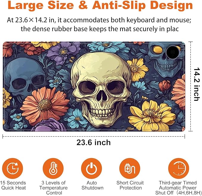 Small Heated Desk Pad 23.6" x 14.2" – Compact Electric Mouse Pad with 3 Heating Levels, Auto Shut-Off, Waterproof PU Surface, Plug-in Warmer for Office or Home Use, Floral Skull