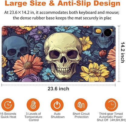 Small Heated Desk Pad 23.6" x 14.2" – Compact Electric Mouse Pad with 3 Heating Levels, Auto Shut-Off, Waterproof PU Surface, Plug-in Warmer for Office or Home Use, Floral Skull