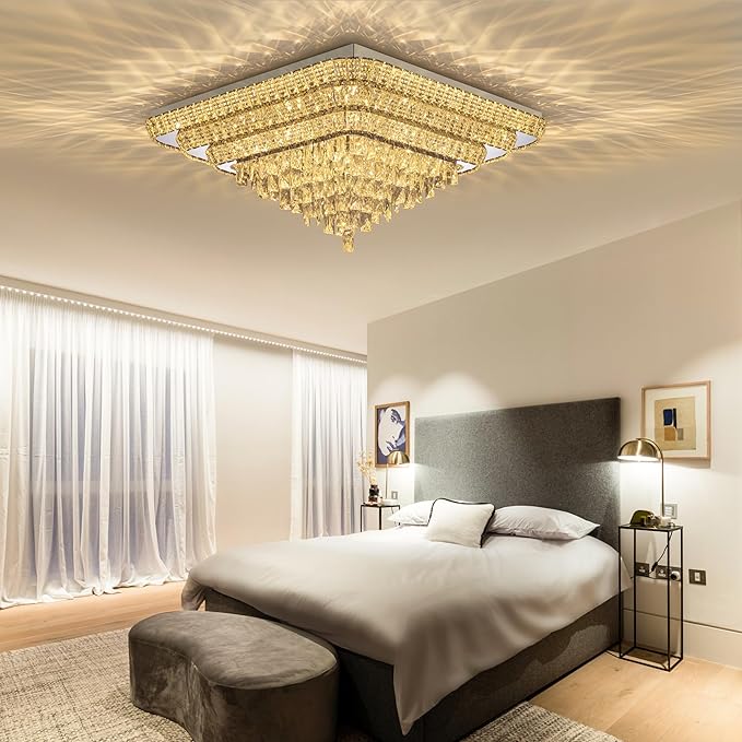 Elegant LED Crystal Raindrop Ceiling Light, 30 Inch Square Flush Mount Chandelier with Remote for Living Room Kitchen Island Bedroom Hallway Entryway Foyer (Dimmable)