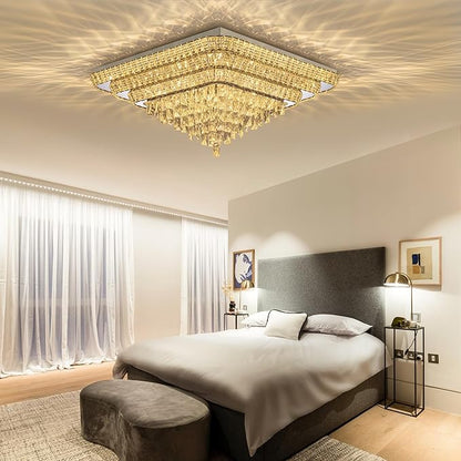 Elegant LED Crystal Raindrop Ceiling Light, 30 Inch Square Flush Mount Chandelier with Remote for Living Room Kitchen Island Bedroom Hallway Entryway Foyer (Dimmable)