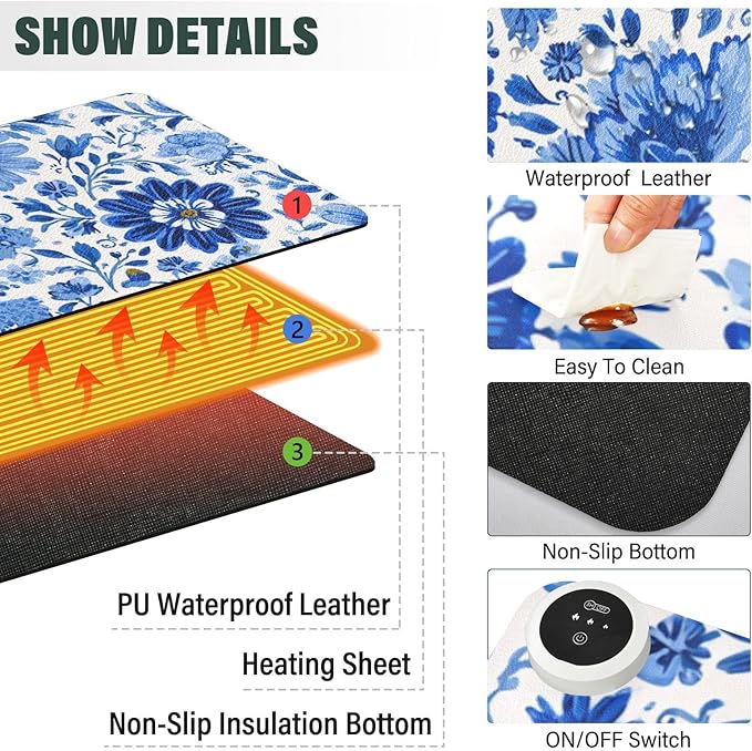 Heated Desk Pad Mouse Pad 31.5x13 Inch PU Leather Desk Mat with 3 Heat Levels Large Mouse Gaming Computer Laptop Mat Flower Blue and White Daisy Leaf