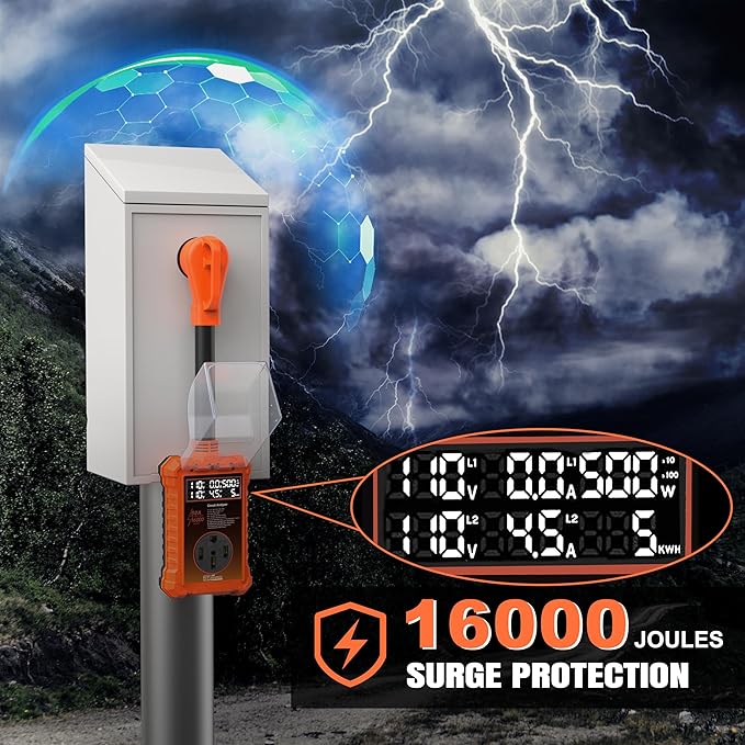 50 Amp RV Surge Protector 16,000J with Smart LED Display & Real-Time Voltage/Current/KWH Monitoring, Auto Shutoff/Reset, High/Low Voltage, Waterproof, Circuit Analyzer, Clear Error Codes for Campers