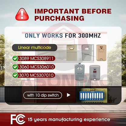 3X Multi-Code 3089 MultiCode 308911 Linear MCS308911, 300MHZ 10 Dip Switch Gate Opener Remote (3-Year-Warranty)