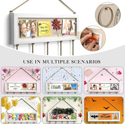 Bikoney Collage Picture Frames Hanging Photo Display Multi Pictures Organizer with Wood Bulletin Board Photo Board 30 Clips and 6 Pushpins for Room Wall Decor (White)