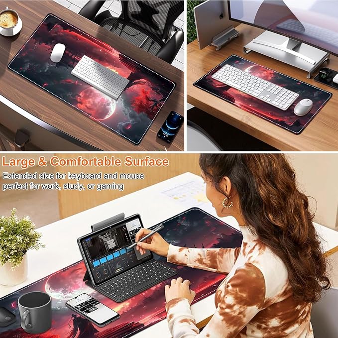 Small Heated Desk Pad 23.6" x 14.2" – Compact Electric Mouse Pad with 3 Heating Levels, Auto Shut-Off, Waterproof PU Surface, Plug-in Warmer for Office or Home Use, Bloody Moonlight