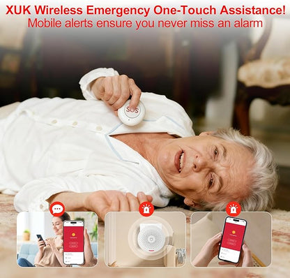 XUK WiFi SOS Caregiver Pager Call Button for Elderly, No Monthly Fee 2.4GHz Wi-Fi APP Control Wireless Nursing Call System with 2 SOS Call Panic Buttons & 2 Watch Pagers & 2 Square Pull Cord Pagers