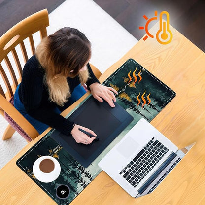 Heated Mouse Pad 31.5x13 in 3-Temp Fast Heating Desk Mat with Auto Timer Warmer for Hands Wrist Pain Relief Waterproof Keyboard Mat for Office, Gaming, Home, Forest Reflections