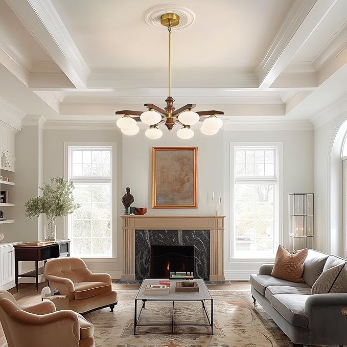 8-Light Chandelier, Mid Century Gold Chandelier with Milk Glass Shades, Wood Dining Room Light Fixture