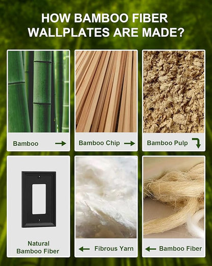6-Pack Decorator Outlet Cover Plate, Black Decorative Switch Plates and Outlet Covers, Natural Bamboo Fiber Wall Plates for Electrical Outlets, Receptacle, GFCI Outlet, Dimmer Switch