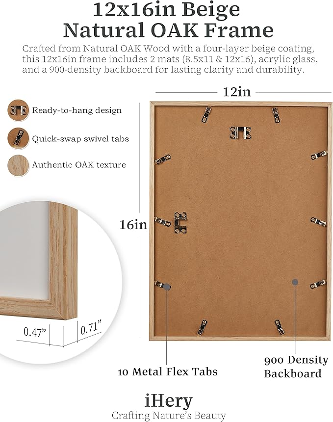 iHery Standard 12x16in Truly Natural OAK Wood Beige Color Picture Frame with High Transparency Acrylic Glass Thickened Backboard, Photo Frames Sets Minimalistic Design Narrow Border 3Pack