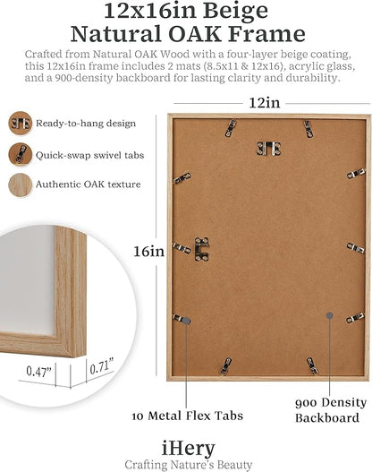 iHery Standard 12x16in Truly Natural OAK Wood Beige Color Picture Frame with High Transparency Acrylic Glass Thickened Backboard, Photo Frames Sets Minimalistic Design Narrow Border 3Pack