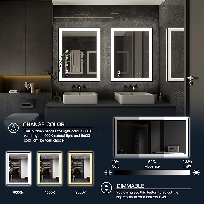 ISKM Framed LED Mirror for Bathroom 36"x32", Dimmable LED Bathroom Mirror with Lights, Anti-Fog, Front and Backlit Lighted Mirror 3-Colors, Shatterproof, Memory Function