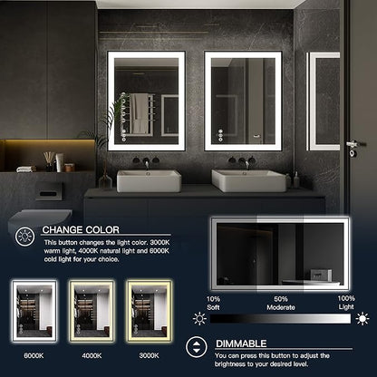 ISKM Framed LED Mirror for Bathroom 36"x28", Dimmable LED Bathroom Mirror with Lights, Anti-Fog, Front and Backlit Lighted Mirror 3-Colors, Shatterproof, Memory Function
