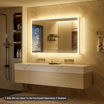 72x30 LED Medicine Cabinet Mirror with Double Lights-Front & Backlit, 155°Soft-close Hinge, Surface or Recessed Dimmable Lighted Medicine Cabinet Mirror with Clock Outlet Inner Light,Anti-fog