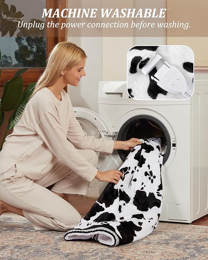 CAROMIO Heated Electric Blanket Full Size, Cow Print Fast Heating Blankets with LCD Controller, 10 Heat Levels & 1-12H Time Settings, ETL Certified, Machine Washable, Black White, 72" x 84"