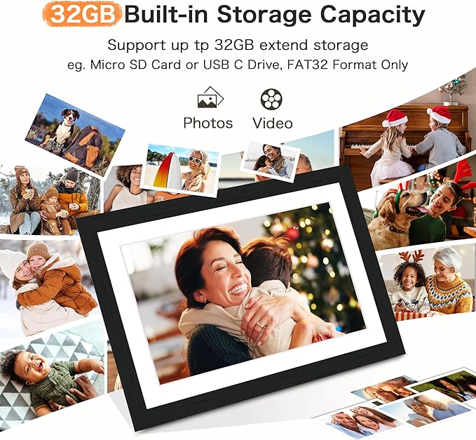 Digital Picture Frame, Frameo Digital Photo Frame WiFi, 10.1 Inch Electric Frame 1280 * 800IPS Touch Screen, 32GB Memory, Auto-Rotate, Share Videos Pictures, Gifts for Women, for Mom, Black Wooden