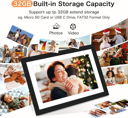 Digital Picture Frame, Frameo Digital Photo Frame WiFi, 10.1 Inch Electric Frame 1280 * 800IPS Touch Screen, 32GB Memory, Auto-Rotate, Share Videos Pictures, Gifts for Women, for Mom, Black Wooden