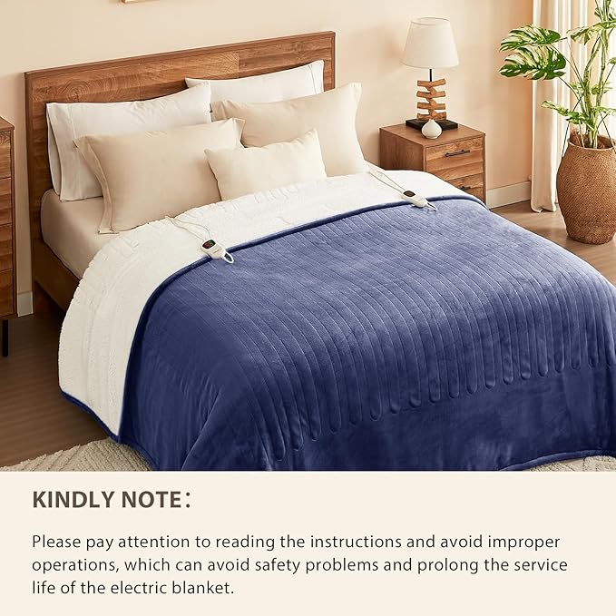 Homemate Electric Heated Blanket King - 100"x90" Heating Bed Blankets Throw with 10 Heating Levels 8 Hours Auto Off Fast Heating Over-Heated Protection Ultra Soft Warm Flannel ETL Certified Navy Blue
