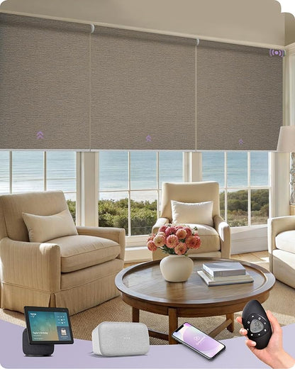 Graywind Smart Coupled Roller Shades Compatible with Alexa Google Custom Size Extra Large Motorized Blinds for Windows(Frequency Sand)