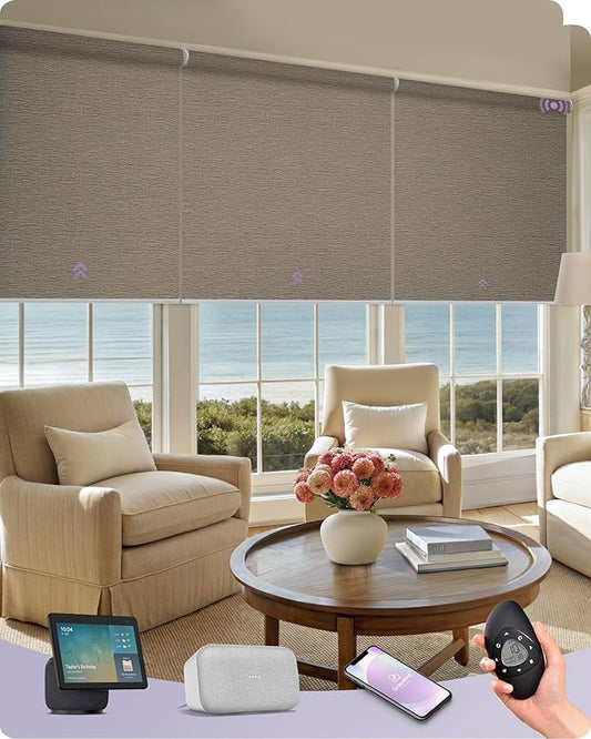 Graywind Smart Coupled Roller Shades Compatible with Alexa Google Custom Size Extra Large Motorized Blinds for Windows(Frequency Sand)