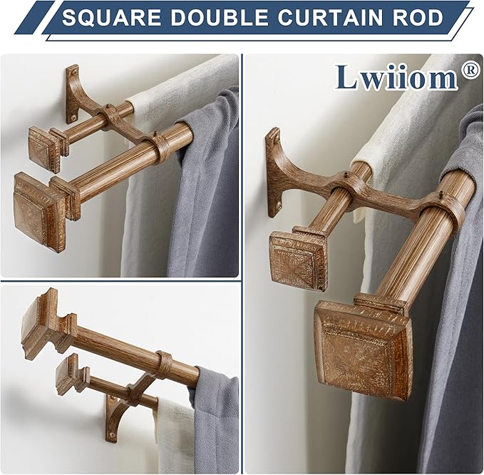 Double Wood Curtain Rods for Windows 72 to 144 Inches,1 Inch Decorative Wooden Curtain Rod with Square Imitation Wood Grain Finials and Double Aluminum Bouquet Bracket, Coffee Brown Wood Grain