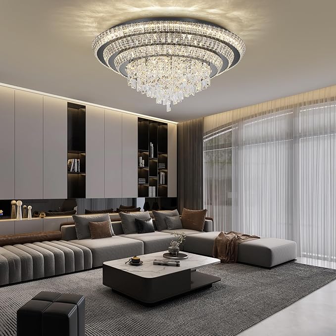 30 inch Crystal Black Ceiling-Light Flush Mount with Remote Control and APP, 3CCT Dimmable & Brightness Adjustable, Modern Crystal Raindrop Chandeliers for Bedroom Hallway Dinning Room Living Room