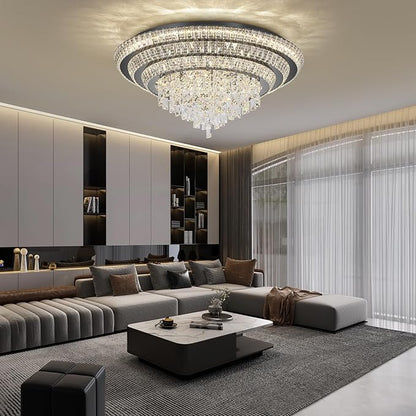 30 inch Crystal Black Ceiling-Light Flush Mount with Remote Control and APP, 3CCT Dimmable & Brightness Adjustable, Modern Crystal Raindrop Chandeliers for Bedroom Hallway Dinning Room Living Room